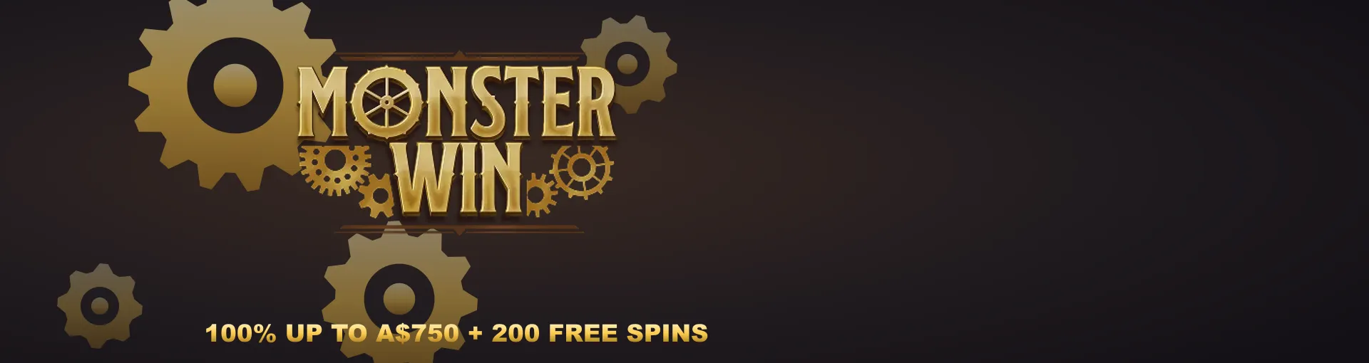 MonsterWin casino banner on a phone screen with the 100% up to A$750 and 200 free spins welcome offer