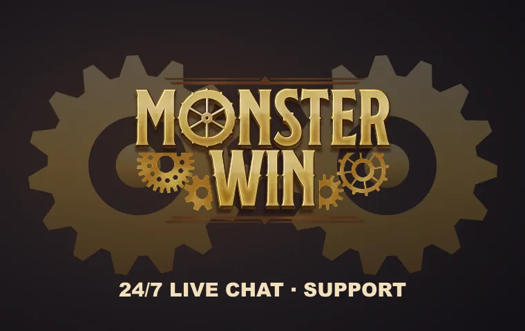 MonsterWin casino logo between two gold gears with a 24/7 live chat note